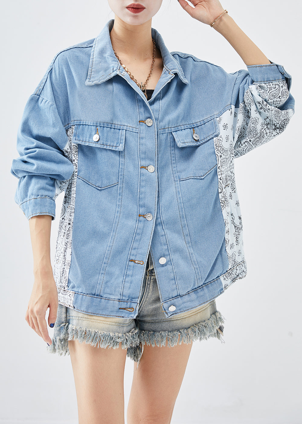 Boutique Blue Oversized Patchwork Cotton Coats Fall Ada Fashion