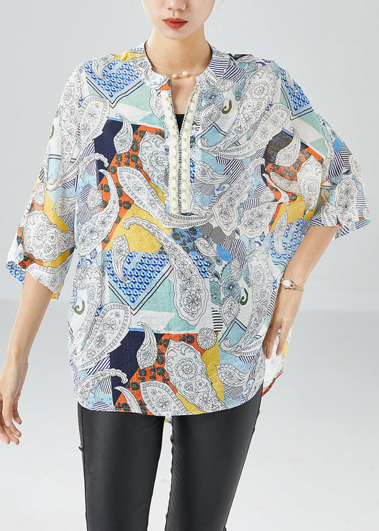 Boutique Blue Oversized Print Cotton Top Summer LY6120 - fabuloryshop
