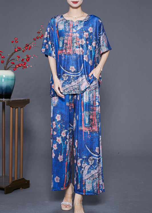 Boutique Blue Oversized Print Silk Two Pieces Set Summer Ada Fashion