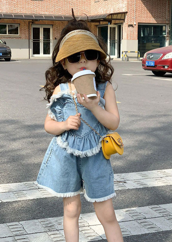 Boutique Blue Patchwork Cotton Love Slip Vest And Shorts Two Pieces Set Summer LY5476 - fabuloryshop