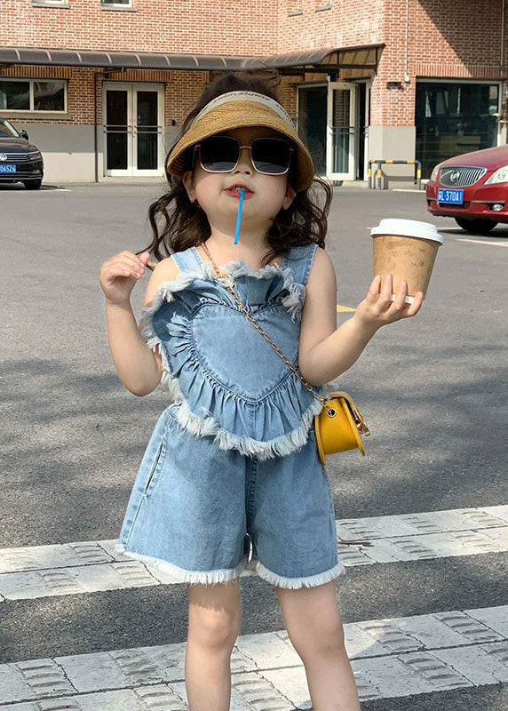 Boutique Blue Patchwork Cotton Love Slip Vest And Shorts Two Pieces Set Summer LY5476 - fabuloryshop