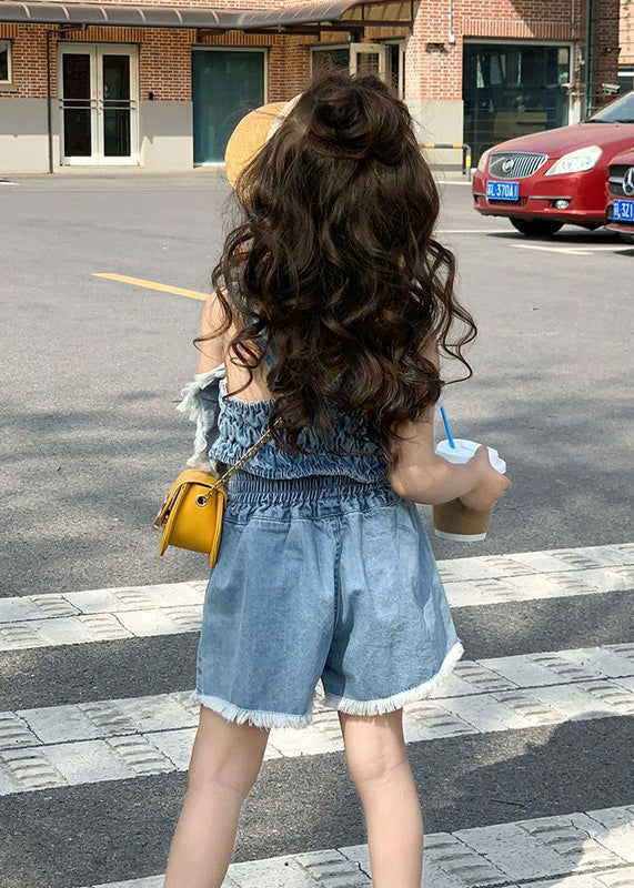Boutique Blue Patchwork Cotton Love Slip Vest And Shorts Two Pieces Set Summer LY5476 - fabuloryshop