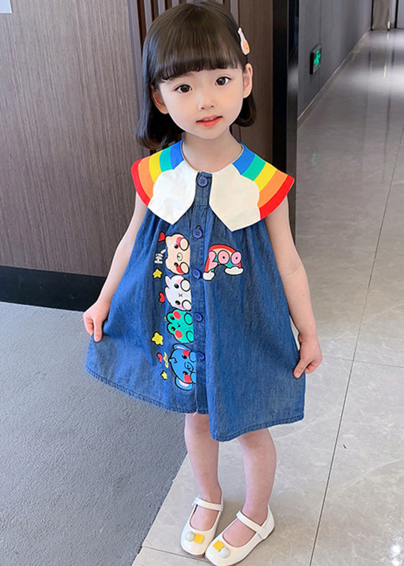 Boutique Blue Peter Pan Collar Animal Print Button Kids Denim Mid Dress Summer Ada Fashion