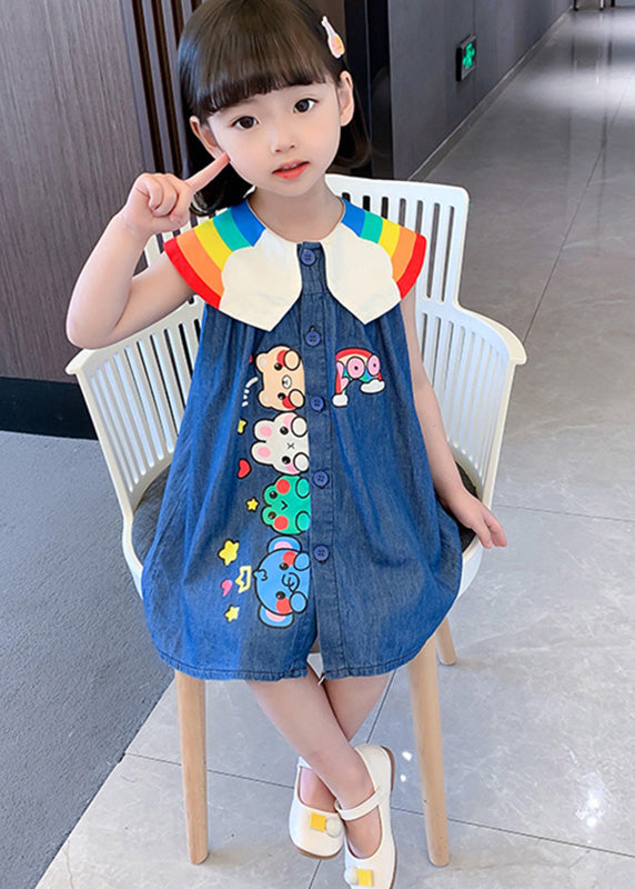 Boutique Blue Peter Pan Collar Animal Print Button Kids Denim Mid Dress Summer Ada Fashion