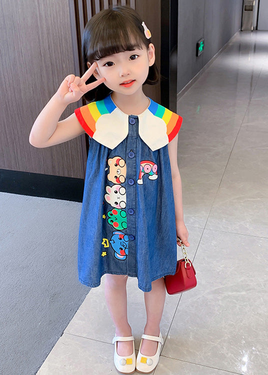 Boutique Blue Peter Pan Collar Animal Print Button Kids Denim Mid Dress Summer Ada Fashion