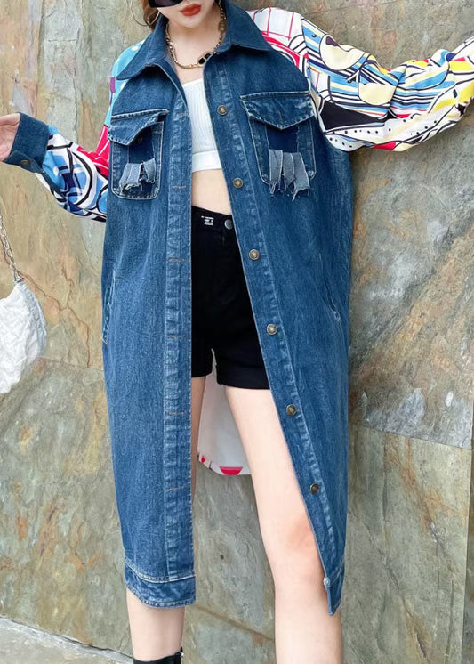 Boutique Blue Peter Pan Collar Pockets Print Patchwork Long Denim Coat Spring LY5256 - fabuloryshop