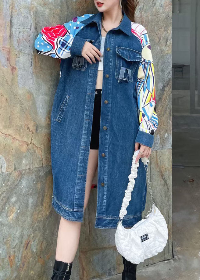 Boutique Blue Peter Pan Collar Pockets Print Patchwork Long Denim Coat Spring LY5256 - fabuloryshop