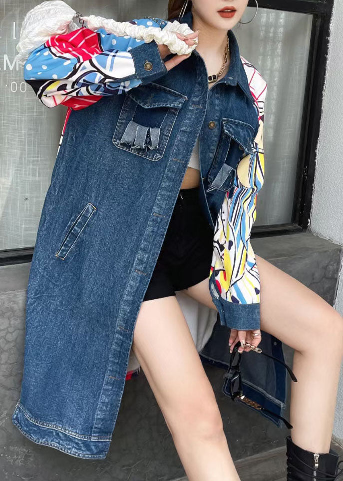 Boutique Blue Peter Pan Collar Pockets Print Patchwork Long Denim Coat Spring LY5256 - fabuloryshop