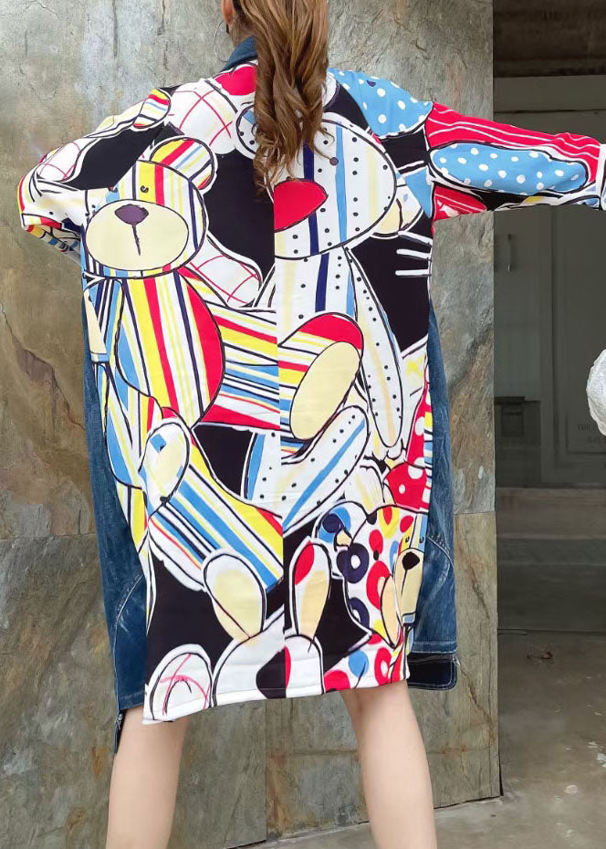 Boutique Blue Peter Pan Collar Pockets Print Patchwork Long Denim Coat Spring LY5256 - fabuloryshop