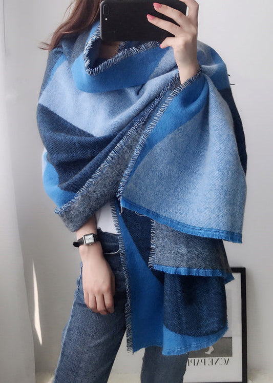 Boutique Blue Plaid Tasseled Autumn Winter Faux Cashmere Shawl Ada Fashion