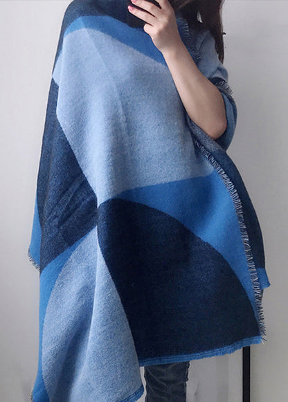 Boutique Blue Plaid Tasseled Autumn Winter Faux Cashmere Shawl Ada Fashion