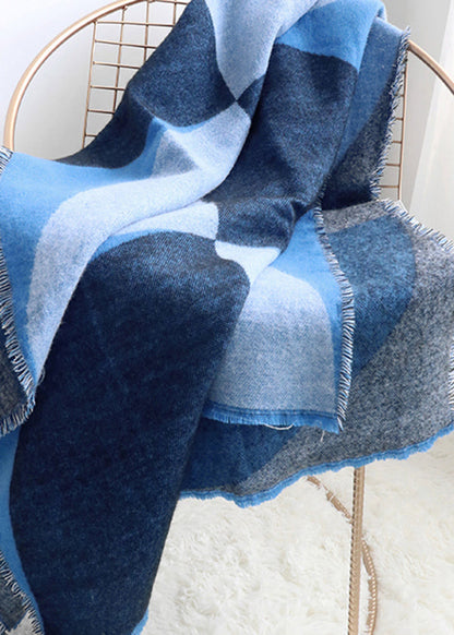 Boutique Blue Plaid Tasseled Autumn Winter Faux Cashmere Shawl Ada Fashion