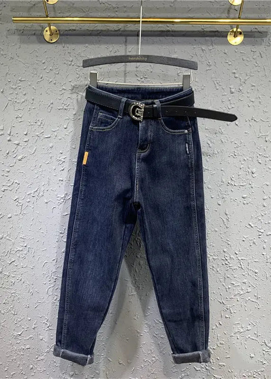 Boutique Blue Pockets Patchwork Warm Fleece Denim Pants Winter Ada Fashion