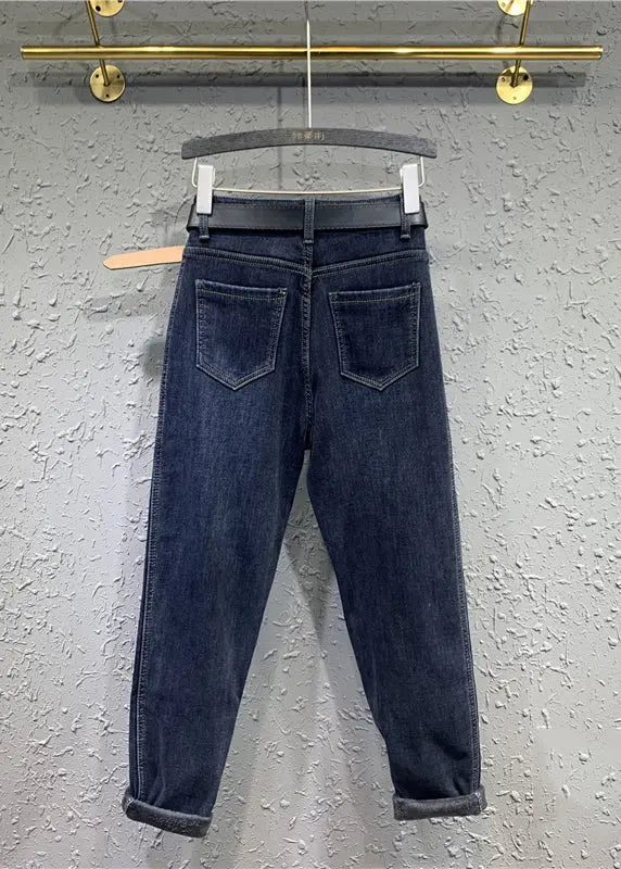 Boutique Blue Pockets Patchwork Warm Fleece Denim Pants Winter Ada Fashion