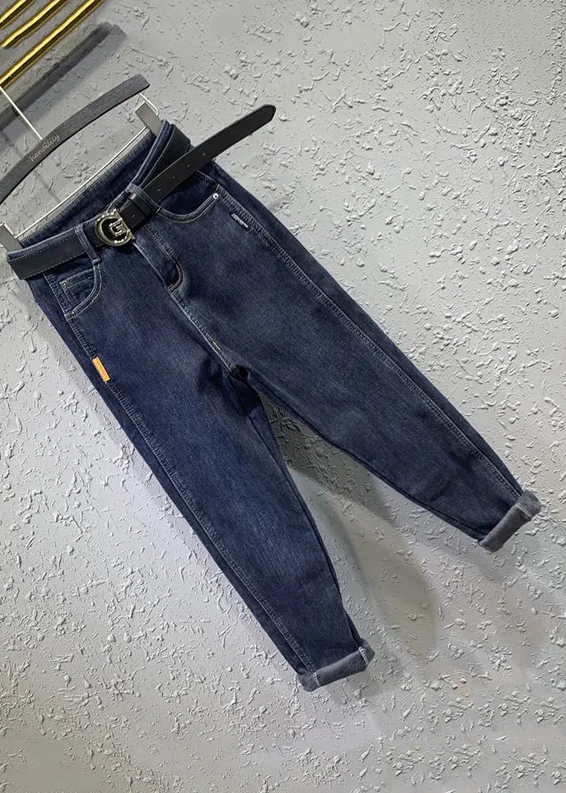 Boutique Blue Pockets Patchwork Warm Fleece Denim Pants Winter Ada Fashion