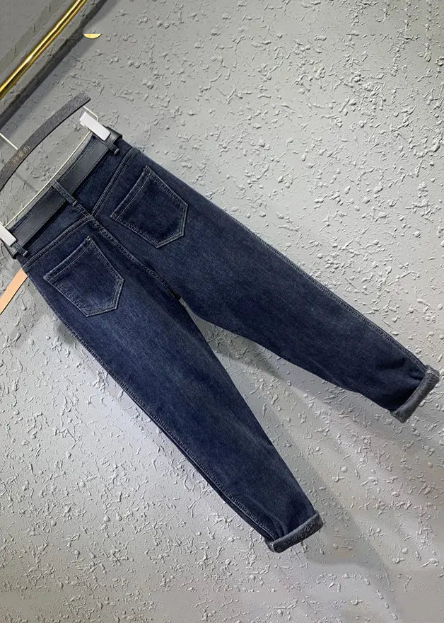 Boutique Blue Pockets Patchwork Warm Fleece Denim Pants Winter Ada Fashion