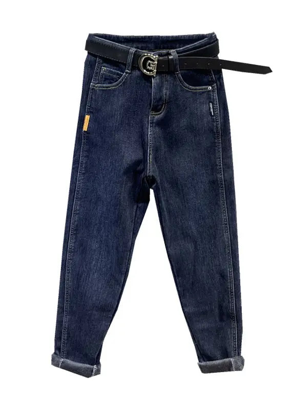 Boutique Blue Pockets Patchwork Warm Fleece Denim Pants Winter Ada Fashion