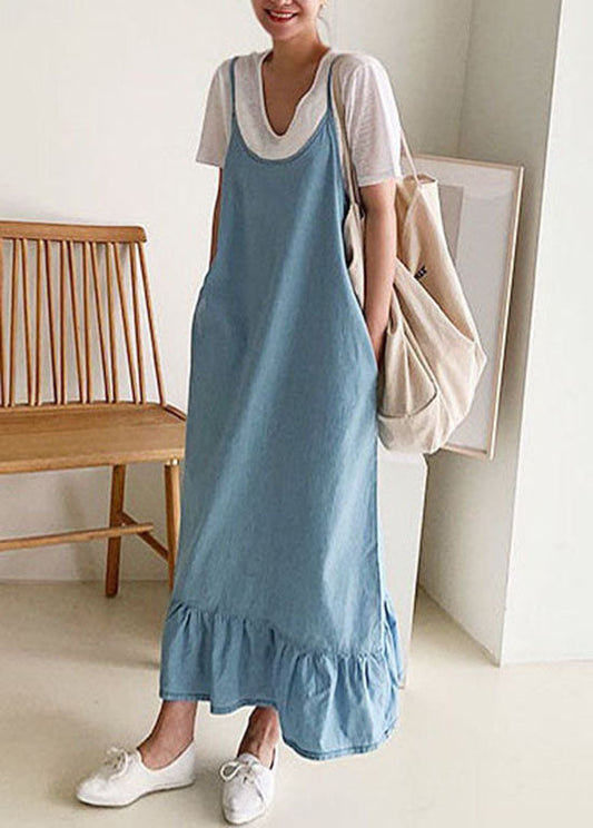 Boutique Blue Ruffled Patchwork Denim Spaghetti Strap Dress Summer LY1353 - fabuloryshop