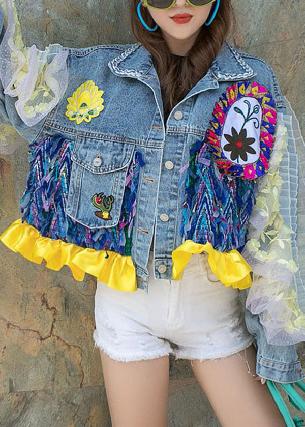 Boutique Blue Ruffled Pockets Floral Decorated Patchwork Denim Short Coat Spring LY5231 - fabuloryshop