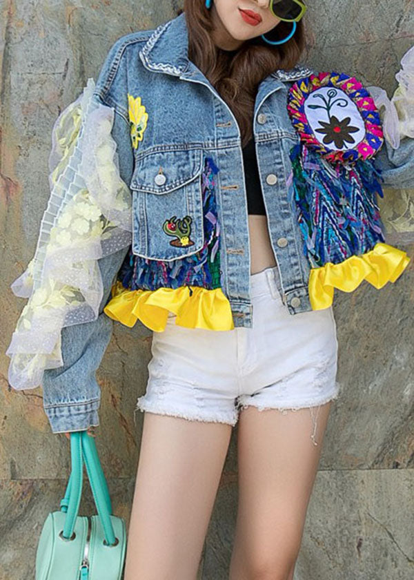 Boutique Blue Ruffled Pockets Floral Decorated Patchwork Denim Short Coat Spring LY5231 - fabuloryshop