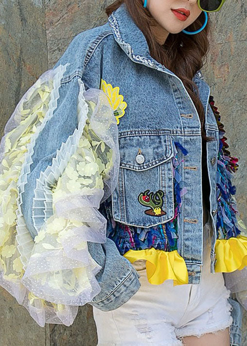 Boutique Blue Ruffled Pockets Floral Decorated Patchwork Denim Short Coat Spring LY5231 - fabuloryshop