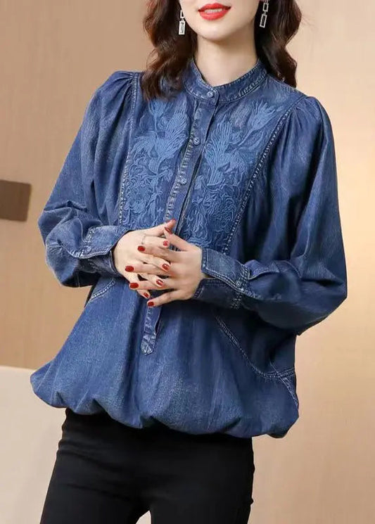 Boutique Blue Stand Collar Embroideried Patchwork Denim Top Fall Ada Fashion
