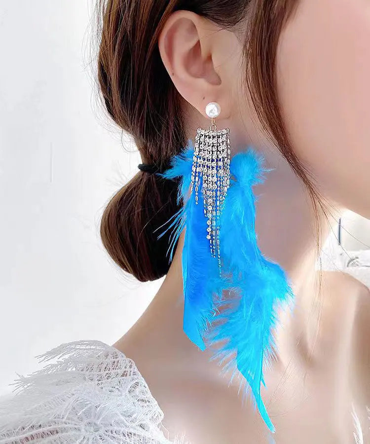 Boutique Blue Sterling Silver Crystal Zircon Feather Tassel Drop Earrings Ada Fashion