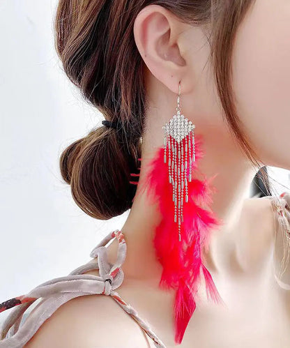 Boutique Blue Sterling Silver Crystal Zircon Feather Tassel Drop Earrings Ada Fashion