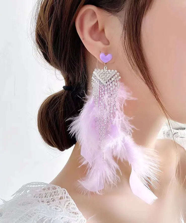 Boutique Blue Sterling Silver Crystal Zircon Feather Tassel Drop Earrings Ada Fashion