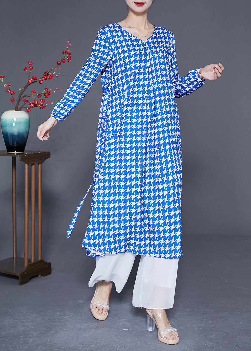 Boutique Blue V Neck Plaid Silk Holiday Dress Long Sleeve LY2874 - fabuloryshop