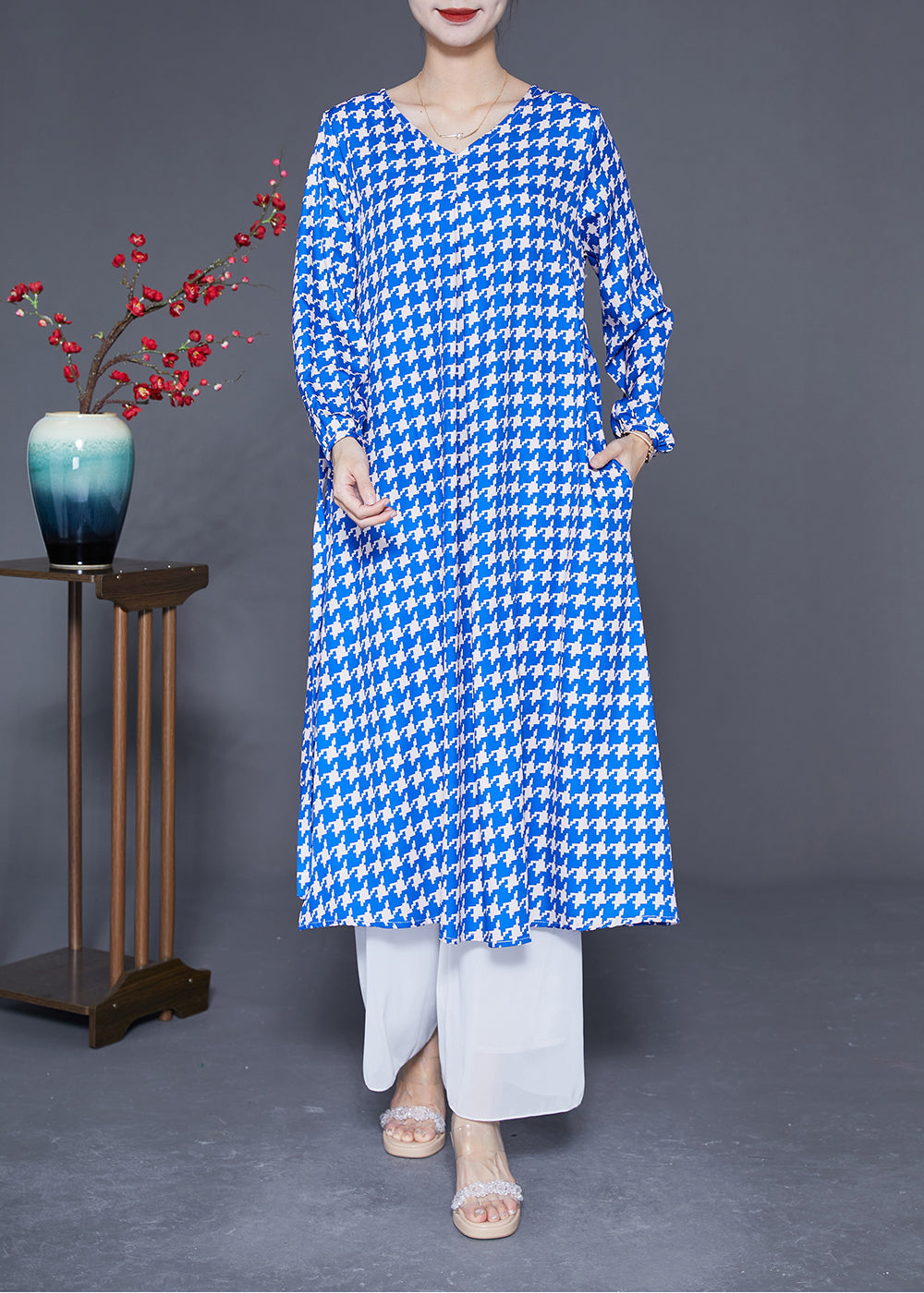 Boutique Blue V Neck Plaid Silk Holiday Dress Long Sleeve LY2874 - fabuloryshop