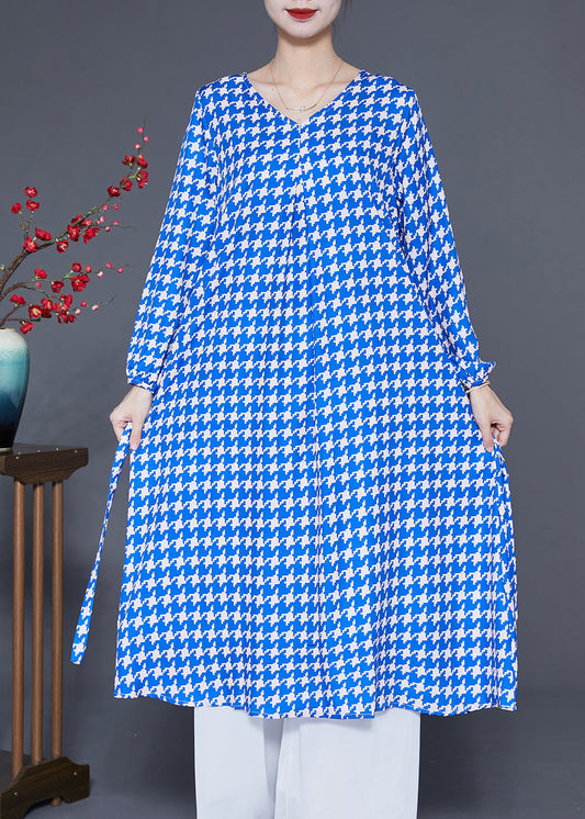 Boutique Blue V Neck Plaid Silk Holiday Dress Long Sleeve LY2874