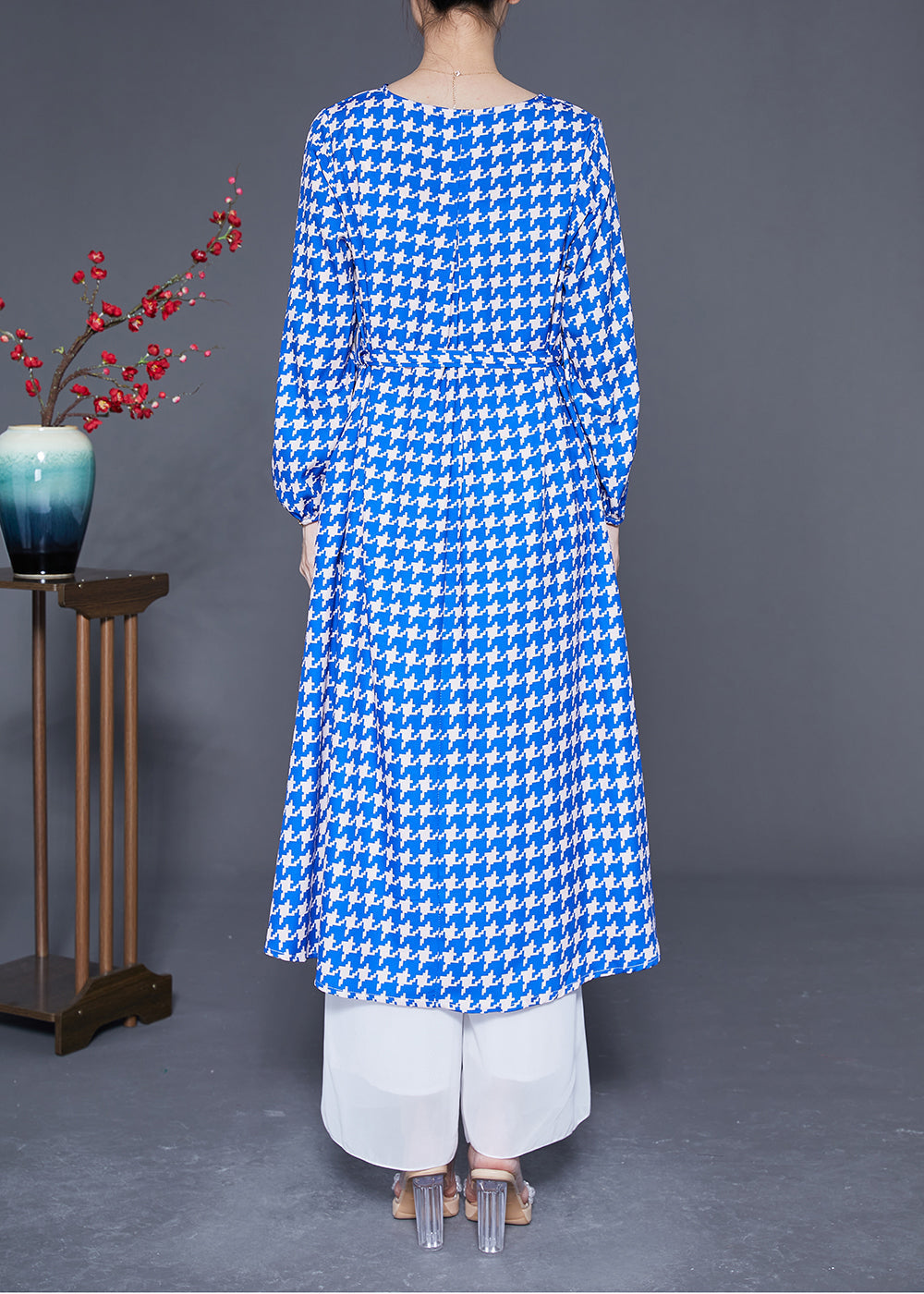 Boutique Blue V Neck Plaid Silk Holiday Dress Long Sleeve LY2874 - fabuloryshop