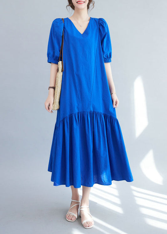 Boutique Blue V Neck Ruffled Patchwork Silk Long Dresses Summer LY4957 - fabuloryshop