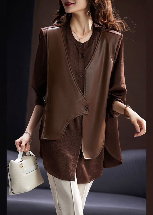Boutique Coffee O-Neck PU Patchwork Fake Two Pieces Satin Shirt Long Sleeve Ada Fashion