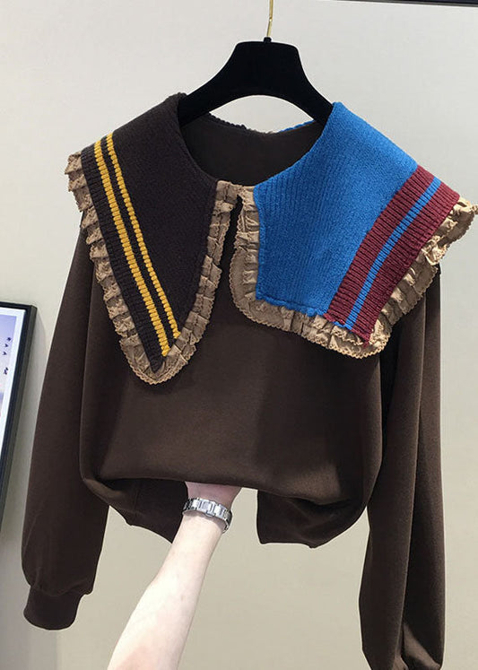 Boutique Coffee Peter Pan Collar Ruffled Knit Patchwork Sweatshirts Fall Ada Fashion