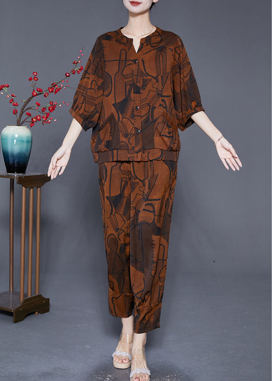 Boutique Coffee Print Pockets Silk Women Sets 2 Pieces Summer Ada Fashion