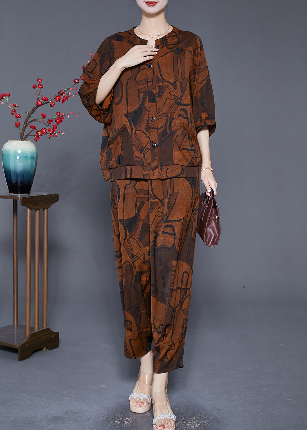Boutique Coffee Print Pockets Silk Women Sets 2 Pieces Summer Ada Fashion