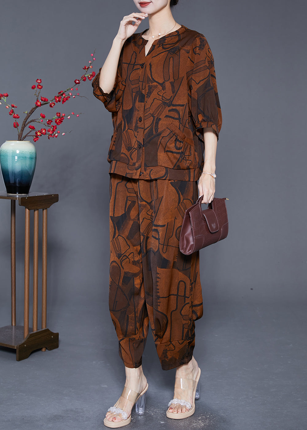 Boutique Coffee Print Pockets Silk Women Sets 2 Pieces Summer Ada Fashion