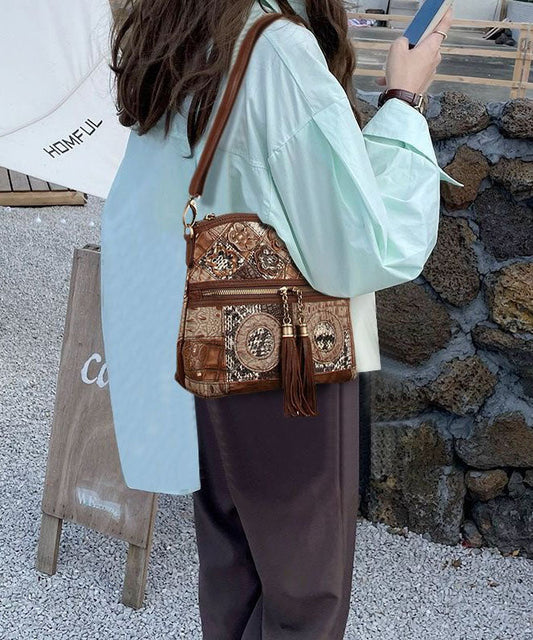 Boutique Coffee Tassel Patchwork Zip Up Calf Leather Satchel Bag Handbag LY1370