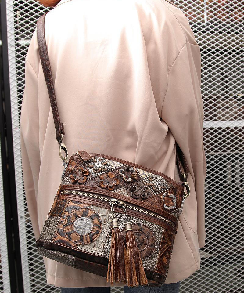 Boutique Coffee Tassel Patchwork Zip Up Calf Leather Satchel Bag Handbag LY1370