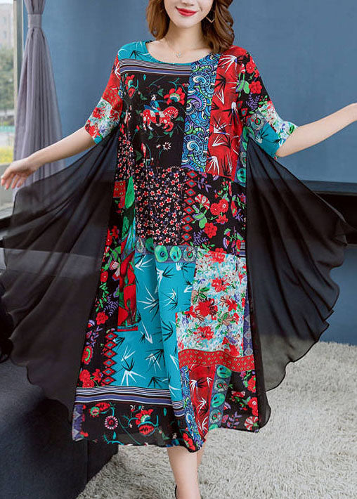 Boutique Colorblock O Neck Print Patchwork Chiffon Dresses Summer LY6519 - fabuloryshop