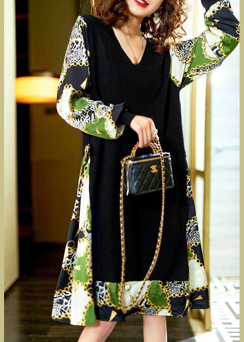 Boutique Colorblock V Neck Print Patchwork Chiffon Dresses Spring LY3821 - fabuloryshop