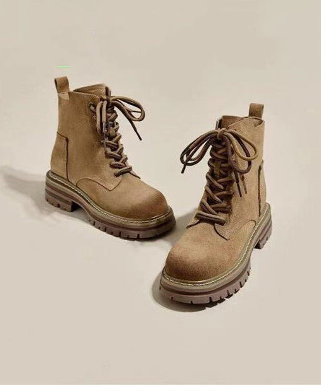 Boutique Cross Strap Splicing Chunky Boots Brown Suede Ada Fashion