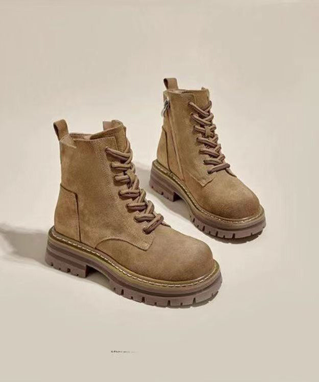 Boutique Cross Strap Splicing Chunky Boots Brown Suede Ada Fashion