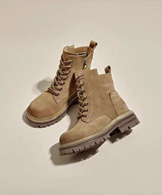 Boutique Cross Strap Splicing Chunky Boots Brown Suede Ada Fashion