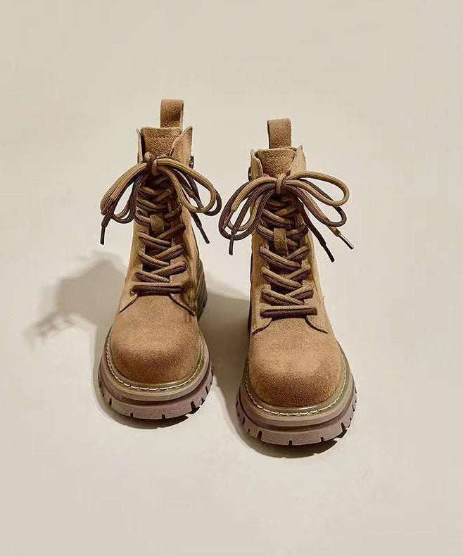 Boutique Cross Strap Splicing Chunky Boots Brown Suede Ada Fashion