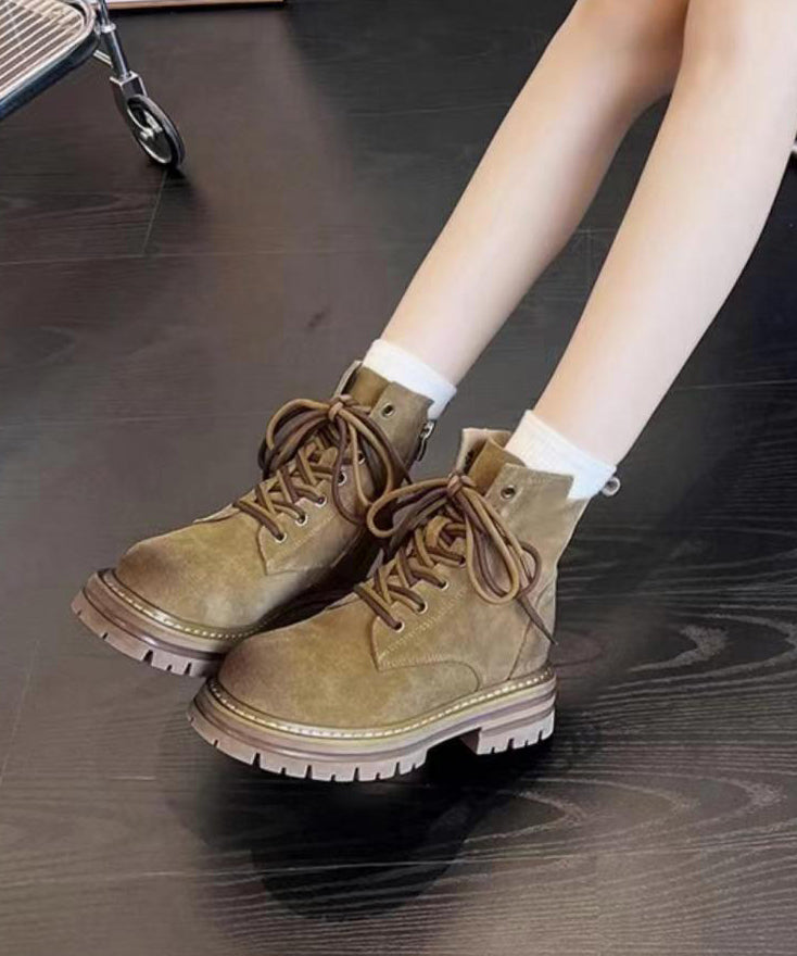 Boutique Cross Strap Splicing Chunky Boots Brown Suede Ada Fashion