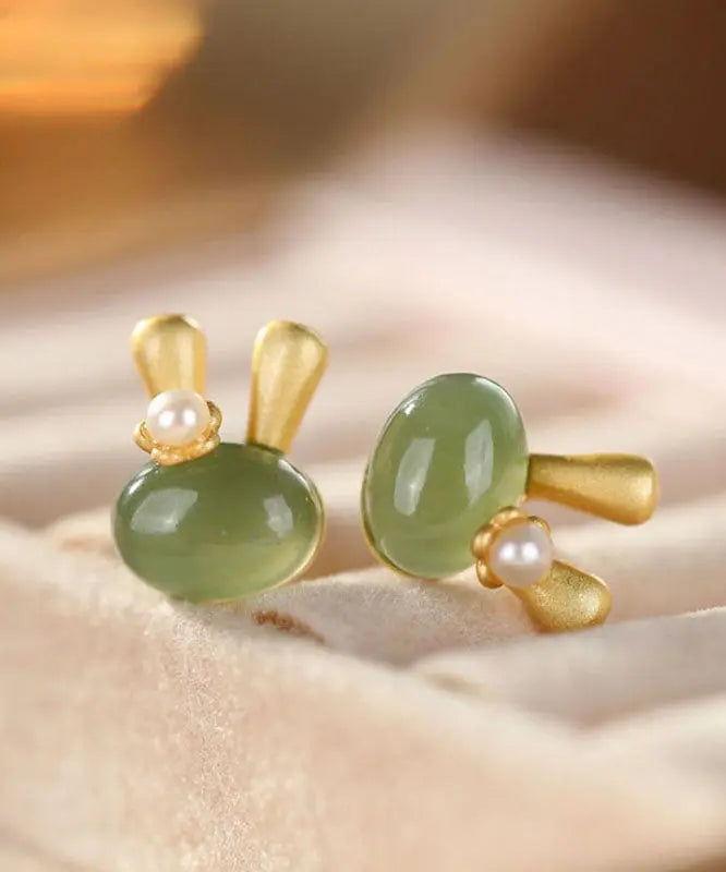 Boutique Cyan Sterling Silver Overgild Jade Resin Little Rabbit Stud Earrings Ada Fashion