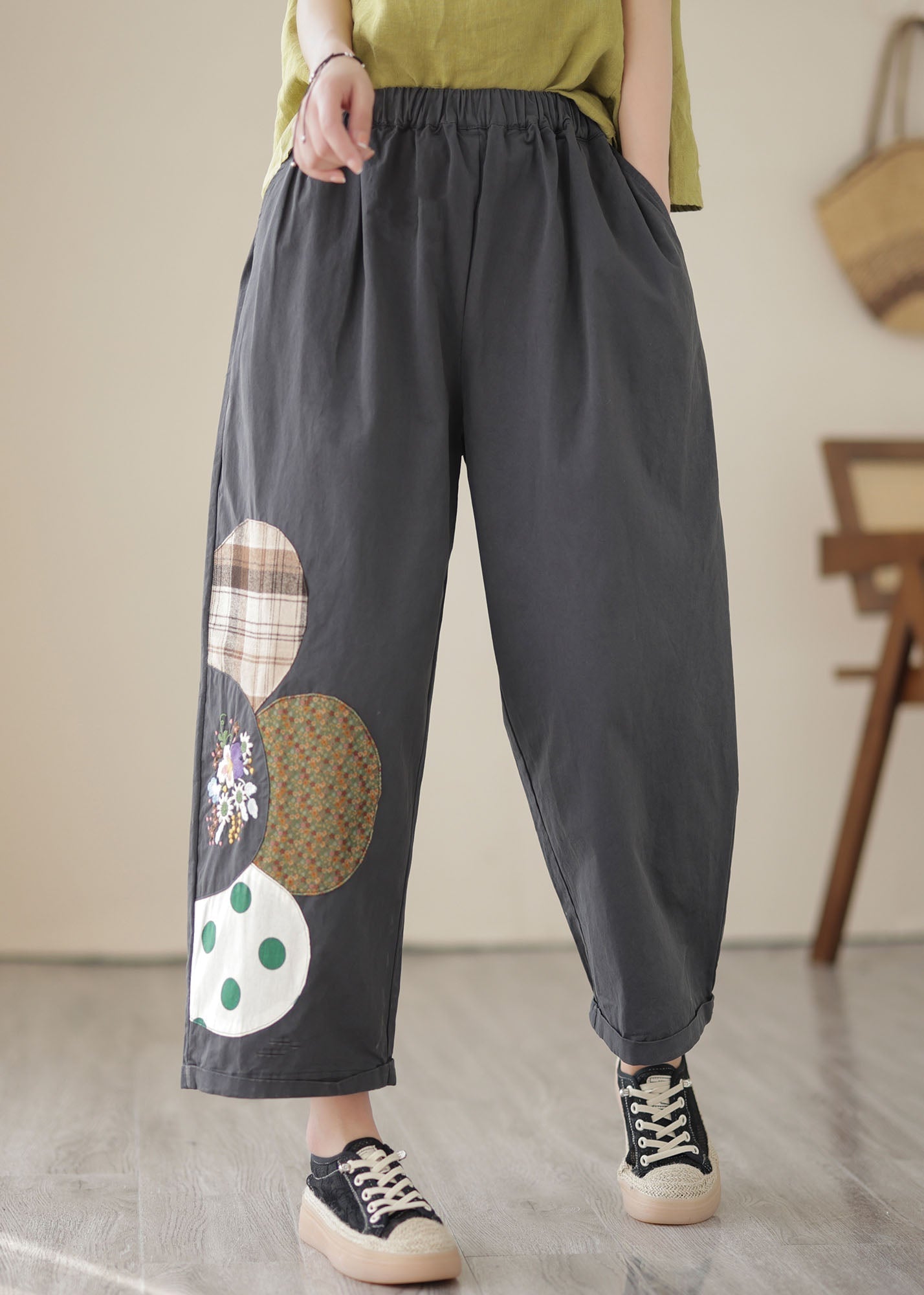 Boutique Dark Grey Pockets Patchwork Cotton Straight Crop Pants Summer LY5286 - fabuloryshop